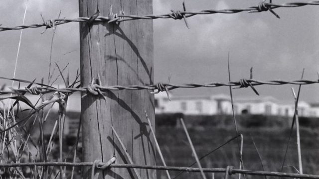 Barbed wire fence in misty landscape